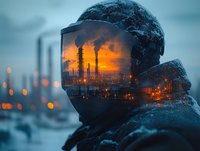 Industrial refinery smokestacks reflect dramatic orange sunset in protective face shield worn by silhouetted worker in winter conditions, creative double exposure effect.