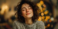 Young woman with curly hair smiling with eyes closed in cozy sweater against blurred Christmas lights background, creating warm holiday atmosphere.