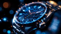 Luxury watch with metallic bracelet on dark background with blue bokeh lights and reflections. Close up macro shot showing intricate details and premium craftsmanship.