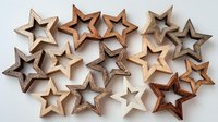 Wooden star shapes in various natural wood tones arranged on white background, hollow center design for crafting, holiday decorations, and DIY projects.