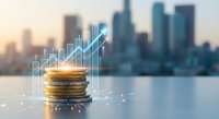 Stack of golden coins with rising financial graph overlay against blurred city skyline at sunset, representing investment growth and economic success.