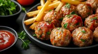 Delicious homemade meatballs with fresh herbs served alongside golden french fries and tangy tomato sauce on dark plate for comfort food dining.