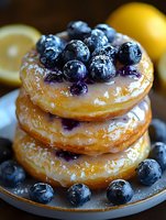 Stack of glazed donuts topped with fresh blueberries and powdered sugar on dark plate with lemon slices in background for breakfast dessert menu.