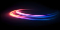 Glowing spiral light trails with red and blue neon effect on black background, dynamic motion blur creating abstract curved lines for technology designs.