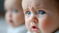 Close up portrait of baby with bright blue eyes and soft rosy cheeks looking with curiosity and wonder, blurred second infant in background creates depth and emotion.