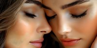 Close up portrait of two faces with professional makeup, closed eyes, and glowing peachy skin tones showing flawless beauty application and cosmetic artistry.
