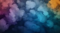 Vibrant multicolored smoke clouds create atmospheric abstract background with purple, blue, turquoise and orange hues swirling in dramatic composition.