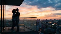 Couple kissing on modern rooftop balcony at sunset with city skyline view, romantic evening moment for love and relationship concepts.