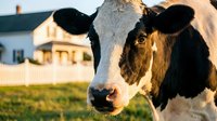 Holstein dairy cow portrait on farm with barn and house in background during golden hour sunset light for agricultural and livestock concepts.