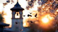 Silhouette of church bell tower and flying birds against golden sunset sky with blooming cherry branches, creating peaceful spiritual atmosphere.