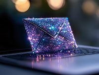 Glowing envelope with magical sparkles and stars resting on laptop keyboard against dark background with bokeh lights, concept of digital communication.