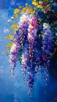 Blooming wisteria flowers cascade against deep blue background, painted with vibrant purple and white petals, yellow leaves creating spring garden atmosphere.