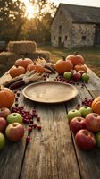 Rustic autumn harvest table setting with empty wooden plate surrounded by pumpkins, apples, corn, and cranberries on weathered wood, ideal for fall seasonal marketing and thanksgiving designs.