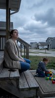 Thoughtful Caucasian mother in knit cardigan sits on porch steps while toddler son plays with colorful toys in suburban neighborhood setting.
