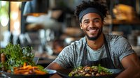 Young African American male chef in gray apron smiling while preparing fresh healthy dishes with vegetables and greens in modern restaurant kitchen.