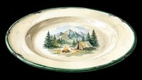Vintage enamel camping plate with mountain tent and campfire scene, isolated on transparent background. Great for rustic T-shirts, stickers, and print on demand.