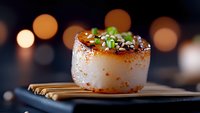 Seared scallop garnished with green onions and sesame seeds on black plate against blurred bokeh background, close up view of gourmet seafood appetizer.