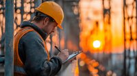 Construction worker in safety gear writing on clipboard at industrial site during golden hour sunset with warm bokeh lights in background.