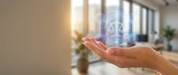 Professional hand holding glowing scales of justice hologram symbol, representing legal services, law firm consultation, compliance, and ethical business practices in modern office environment.