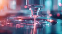 Metallic CNC machine drill head in motion with bright neon lighting effects and reflective surface creating futuristic industrial atmosphere. Modern manufacturing process.