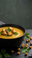 Creamy pumpkin soup with golden croutons and fresh parsley in black bowl, garnished with roasted chickpeas on dark slate surface for autumn comfort food.