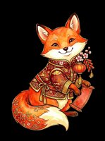 Charming fox character wearing ornate red and gold traditional clothing, holding festive decorations and a lantern. Isolated on transparent background, ready for t-shirts, stickers, clipart, and print-on-demand designs.