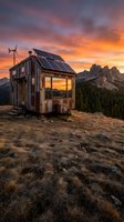 Tiny house with solar panels and wind turbine on mountain terrain at sunset, showcasing sustainable off-grid living and eco-friendly renewable energy solutions.
