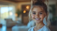 Young blonde girl with messy bun hairstyle smiling warmly at camera in cozy home interior with soft bokeh lighting background for family lifestyle content.