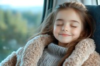 Young girl with closed eyes smiling peacefully while resting in cozy winter sweater and soft fuzzy coat during car journey, natural window light creates gentle atmosphere.