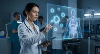 Female doctor using holographic medical interface technology displaying human anatomy and organs in modern hospital laboratory setting.