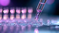 Laboratory pipette dispensing liquid sample into petri dish with purple neon lighting for scientific research and biotechnology experiments.