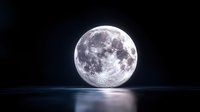 Full moon rising over calm dark water surface with reflection, creating mystical night atmosphere against black sky background.