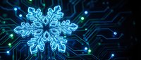Glowing blue snowflake with neon light effects on dark digital circuit board background for winter technology and holiday design projects.