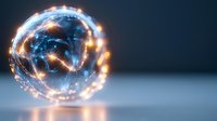 Global network connection sphere with glowing light nodes and digital data streams, representing worldwide communication, technology infrastructure, and internet connectivity.