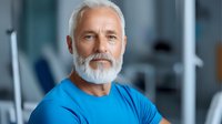 Confident mature Caucasian man with white beard wearing blue t-shirt in gym setting. Athletic senior maintaining healthy lifestyle through fitness training. Wellness concept.
