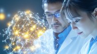 Asian male scientist and Caucasian female researcher analyzing glowing digital neural network visualization in modern laboratory, innovative technology concept.