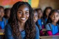 Young African American female student with dreadlocks and bright smile sitting in classroom, wearing gray sweater, with diverse classmates in background. For education themes.