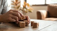 Male hands arranging wooden dice with business icons on office desk. Corporate strategy planning and decision making concept for presentations.
