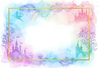 Magical fairy tale watercolor frame with castles and fantasy elements in pastel rainbow colors for children's designs and storytelling projects.