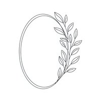 Elegant oval frame with botanical branch and leaves in minimalist line art style for wedding invitations, greeting cards and decorative design projects.