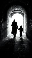 Adult woman and young child holding hands walking through stone archway tunnel toward bright light, symbolizing hope, guidance, and family bond.