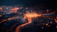 Futuristic digital cityscape with glowing orange and blue circuit paths, illuminated data streams, and energy particles flowing through network connections.