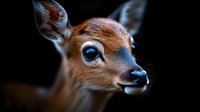 Close up portrait of young deer fawn with bright blue eyes against dark background, showing innocence and vulnerability in wildlife photography.