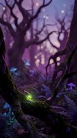 Enchanted forest scene with glowing light among moss-covered tree branches and magical purple bokeh atmosphere for fantasy storytelling and nature concepts.