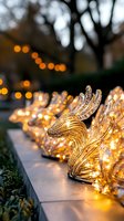 Glowing glass angel decorations lined up along garden path with warm bokeh lights in background create magical holiday atmosphere at dusk.