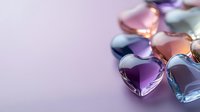Colorful glass heart shapes in pastel pink, purple and blue tones on soft pink background with copy space, romantic valentines day concept.