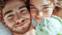 Young couple sharing tender intimate moment with gentle smiles and warm sunlight creating romantic atmosphere. Close up portrait showing genuine happiness.