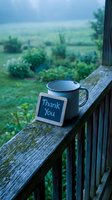 Thank you chalkboard sign and enamel mug on rustic wooden porch railing with misty green garden background at dawn.