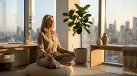 Caucasian woman in casual beige clothing meditating cross-legged on floor near potted plant in modern high-rise office with city skyline view, wellness and mindfulness concept.