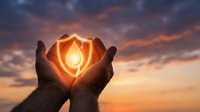 Silhouetted hands cradling glowing shield symbol against dramatic sunset sky, representing protection, security, safety concepts for business and technology applications.